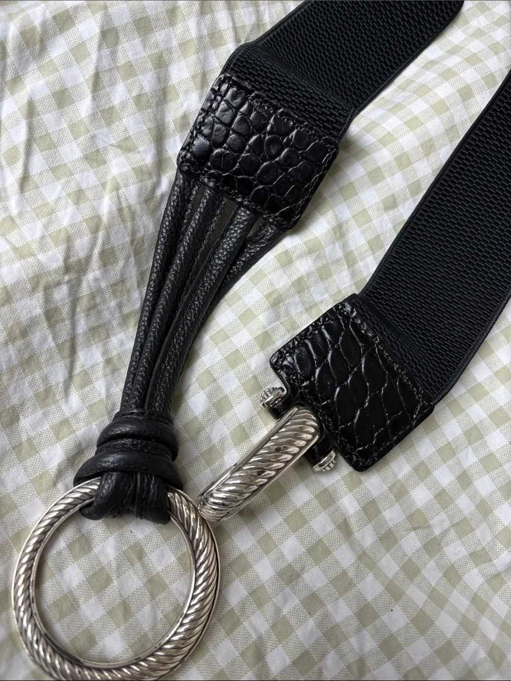 Black Elastic Waist Belt with Silver Ring Hardware
